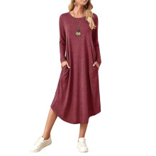 Damen Lockeres, Lässiges Kleid mit Rundhalsausschnitt und Langen Ärmeln, Midikleid mit Schrägen Taschen und Abgerundetem Saum Weinrot S