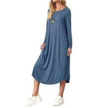 Damen Lockeres, Lässiges Kleid mit Rundhalsausschnitt und Langen Ärmeln, Midikleid mit Schrägen Taschen und Abgerundetem Saum Marineblau XXL