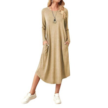 Damen Lockeres, Lässiges Kleid mit Rundhalsausschnitt und Langen Ärmeln, Midikleid mit Schrägen Taschen und Abgerundetem Saum Khaki L
