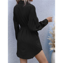 Damen Langarm Midi Long Shirt Kleid Casual Solid Button Down Curved Bottom Kleider Tops mit Gürtel Schwarz XL