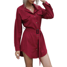 Damen Langarm Midi Long Shirt Kleid Casual Solid Button Down Curved Bottom Kleider Tops mit Gürtel Weinrot XL