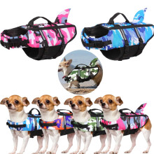 (Green,L)Dog Life Jacket Pet Safety Swimming Camouflage Shark Float Adjustable Buoyancy