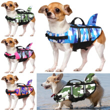 (Blue,L)Dog Life Jacket Pet Safety Swimming Camouflage Shark Float Adjustable Buoyancy