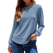 Damen-Sweatshirt mit Rundhalsausschnitt, Langärmlige Shirts, High-Low-Tops, Abgerundeter Saum Blau M