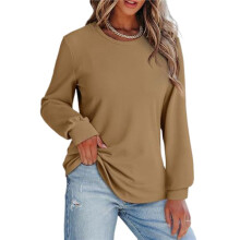 Damen-Sweatshirt mit Rundhalsausschnitt, Langärmlige Shirts, High-Low-Tops, Abgerundeter Saum Khaki L