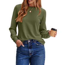 Damen-Sweatshirt mit Rundhalsausschnitt, Langärmlige Shirts, High-Low-Tops, Abgerundeter Saum Armeegrün L