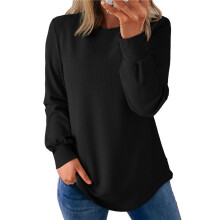 Damen-Sweatshirt mit Rundhalsausschnitt, Langärmlige Shirts, High-Low-Tops, Abgerundeter Saum Schwarz XL