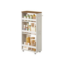 4-Tier Slim Kitchen Storage Trolley - Wood - Rustic White and Honey Brown - Compact Design with Wheels