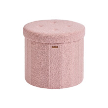 Round Storage Ottoman - Teddy Fleece - Jelly Pink - Foldable with Removable Lid