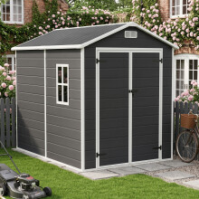 5.97 x 8.02FT Apex Roof Plastic Garden Storage Shed, Black+White, Outward Opening w/ Lockable Latch