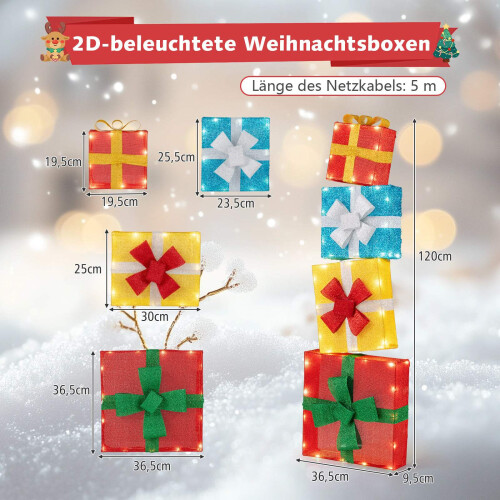 LED-Weihnachtsgeschenkbox-Set - 4 mehrfarbig beleuchtete Boxen