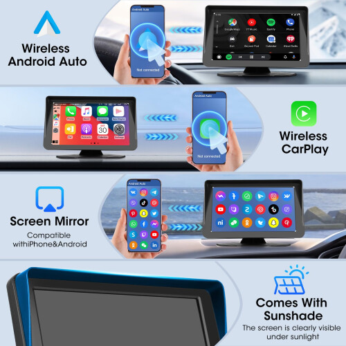 Wireless CarPlay Screen for Car, 7 Inch Touchscreen Car Stereo with Android Auto, Bluetooth, GPS Sat Nav, Reverse Camera & Voice Control 2