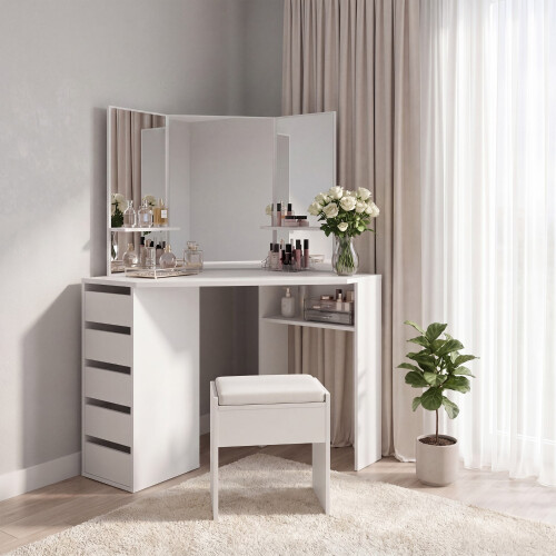 Corner Dressing Table 3 Modes Mirror Stool 5 Drawers
