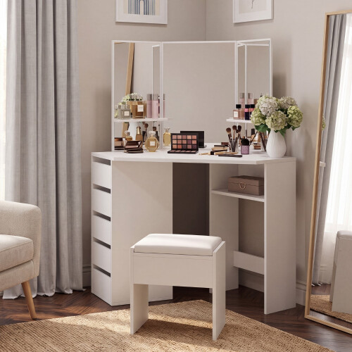 Corner Dressing Table 3 Modes Mirror Stool 5 Drawers 1