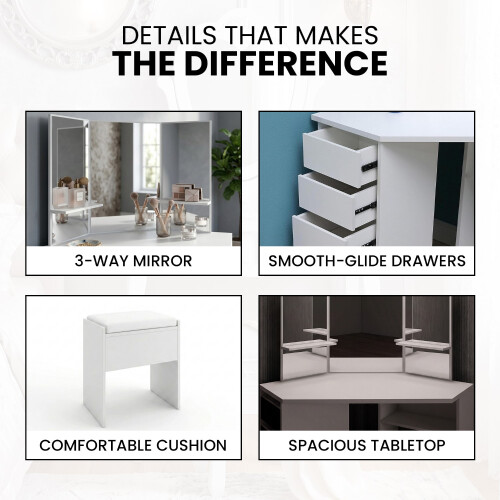 Corner Dressing Table 3 Modes Mirror Stool 5 Drawers 2
