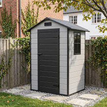 4.4 x 3.4FT Apex Roof Plastic Garden Storage Shed w/ Window & Lockable Hinge Door, Grey+Black Wood Grain Finish