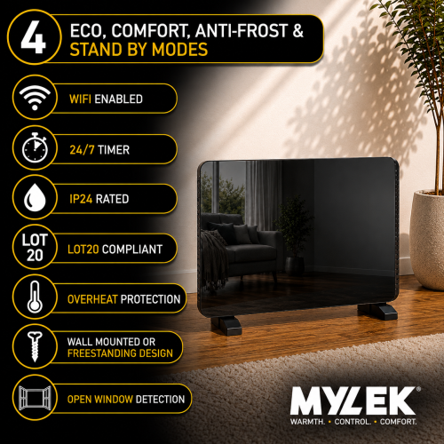 MYLEK 900w Black Glass Slimline WIFI Panel heater 2