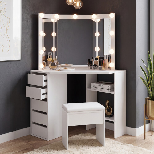 Dressing Table Vanity Makeup Desk Set with LED Mirror Stool 5 Drawer