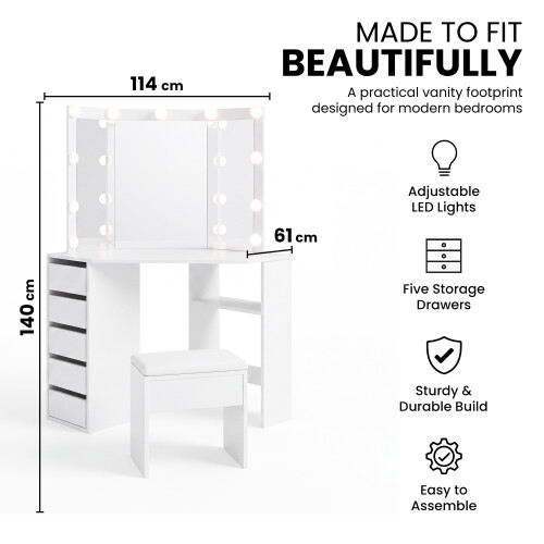 Dressing Table Vanity Makeup Desk Set with LED Mirror Stool 5 Drawer 2