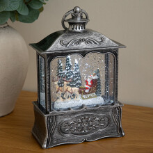 22cm Silver Santa Sleigh Christmas Water Spinner Lantern with White LEDs