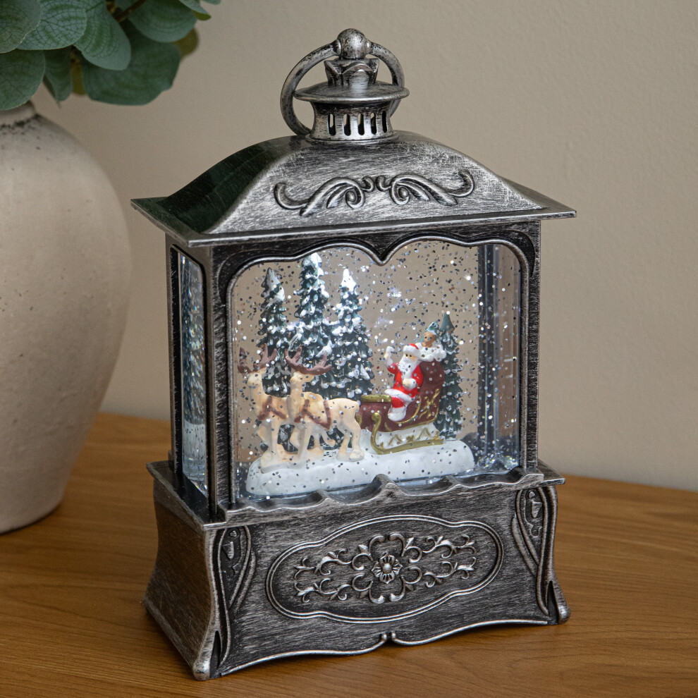 Silver 22Cm Dual Powered Santa Sleigh Christmas Water Spinner Lantern - Image 2