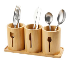 Wood Kitchen Utensil Holder with Tray - Countertop Cutlery Organizer for Spoons, Forks & Knives
