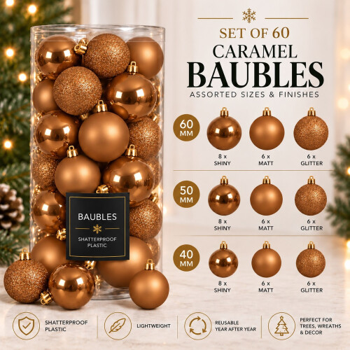 60 Caramel Brown Baubles Shatterproof Christmas Tree Hanging Decor
