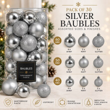 30 Silver Baubles Shatterproof Christmas Tree Hanging Decoration