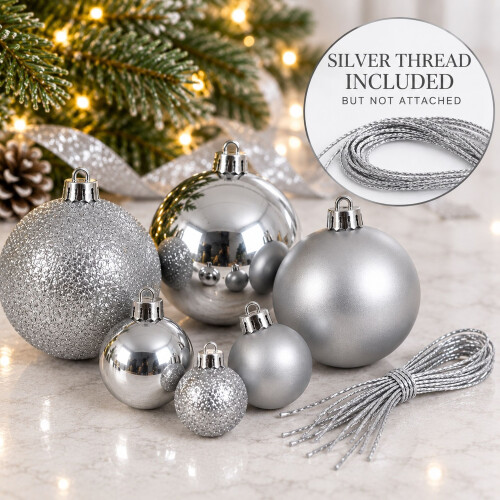 30 Silver Baubles Shatterproof Christmas Tree Hanging Decoration 2