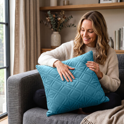 (2X, TEAL) Premium Diamond Design Velvet Filled Cushion 2