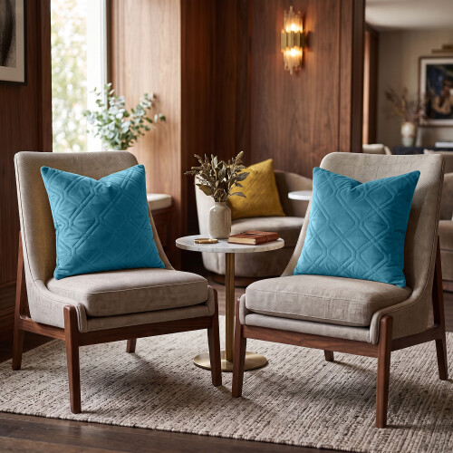 (2X, TEAL) Premium Diamond Design Velvet Filled Cushion
