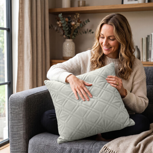(4X, SILVER) Premium Diamond Design Velvet Filled Cushion 2