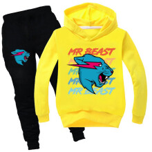 (110, Yellow) Beast Cat Teens Kids Print Hoodie Casual Sleeve Hoodie and Trousers Set For Boys Girls