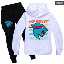 (140, White) Beast Cat Teens Kids Print Hoodie Casual Sleeve Hoodie and Trousers Set For Boys Girls