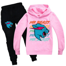 (140, Pink) Beast Cat Teens Kids Print Hoodie Casual Sleeve Hoodie and Trousers Set For Boys Girls