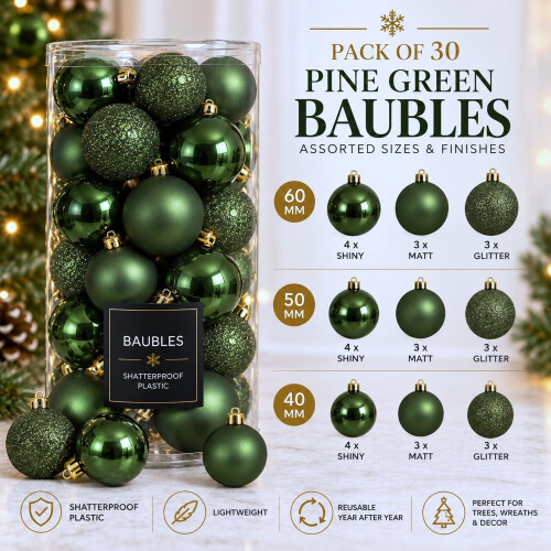 30 Pine Green Baubles Shatterproof Christmas Tree