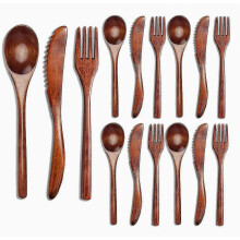 Ensemble de 15 couverts en bois avec cuillère et couteau compatibles, vaisselle écologique pour la cuisine et la salle à manger - Cadeau surprise