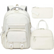 Rugzak voor meisjes met laptop (15,6 inch), waterdichte schooltas, geschikt voor tieners, met geïsoleerde lunchtas en etui, beige_verrassingscadeau