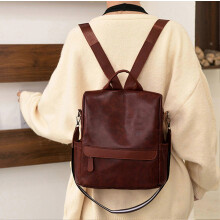Sac à dos en cuir PU pour femme, style vintage, fermeture éclair, marron foncé, 27 x 12 x 34 cm (cadeau surprise)