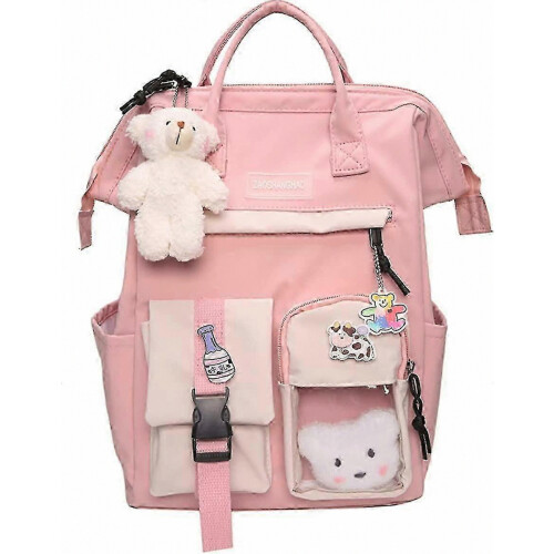 Backpack With Pin And Accessories Backpack Cute Aesthetic Backpack Cute Backpack compatible with School (pink)_Surprise Gift