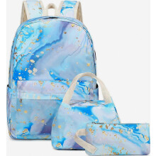 Schoolrugzakset voor tienermeisjes met lunchtas en etui, blauwe marmerprint, reisrugzak voor laptop, geschikt voor schoolverrassing.