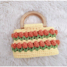 Tulpenhandtas, gebreide tas, houten draagtas met houten handvat, handgehaakte rieten tas, cadeau, geschikt voor vriendinnen, geel, 2024 Ping_Surprise