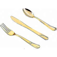 Service de table jetable doré et argenté de 150 pièces en plastique épais - 50 couverts, 50 couteaux, 50 cuillères - Cadeau surprise