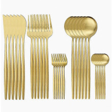 Ensemble de couverts dorés (couteau et cuillère) - Service de table 30 pièces en acier inoxydable doré mat - Cadeau surprise