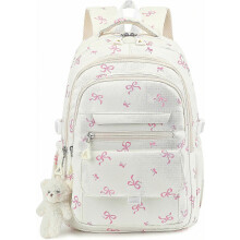 Zaino da ragazza compatibile con università e scuole superiori, borsa elegante con fiocco adatta a ragazze adolescenti e donne, beige con accessori_R