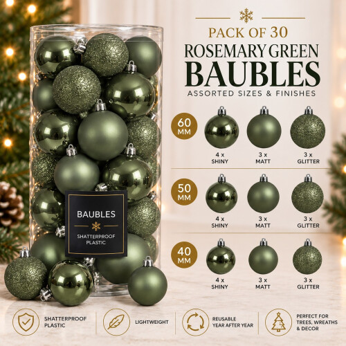 30 Rosemary Green Baubles Shatterproof Christmas