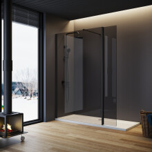 (700x1900mm) ELEGANT Walk-in Shower Screen with 8mm Grey Glass, Matte Black Support Bar & Extension Panel