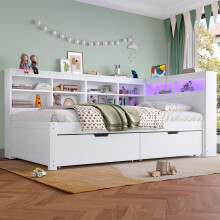 (White, Single) Roomfitters Wooden Daybed Frame 2 Storage Drawers Shelves Headboard App RGB LED Lights USB Power Outlets Slats Furniture
