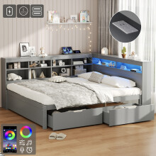 (Grey, Double) Roomfitters Wooden Daybed Frame 2 Storage Drawers Shelves Headboard App RGB LED Lights USB Power Outlets Slats Furniture