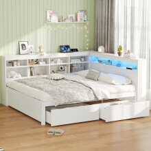 (White, Double) Roomfitters Wooden Daybed Frame 2 Storage Drawers Shelves Headboard App RGB LED Lights USB Power Outlets Slats Furniture